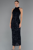 Lacivert Halter Yaka Midi Pul Payet Abiye Elbise ABU5247