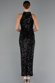 Siyah Halter Yaka Midi Pul Payet Abiye Elbise ABU5247
