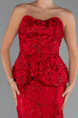 Kırmızı Straplez 3D Çiçek İşlemeli Peplum Uzun Abiye ABU5249