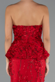 Kırmızı Straplez 3D Çiçek İşlemeli Peplum Uzun Abiye ABU5249