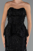 Siyah Straplez 3D Çiçek İşlemeli Peplum Uzun Abiye ABU5249