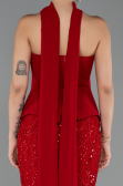 Kırmızı Straplez Peplum Detay Taşlı Uzun Balık Abiye ABU5131