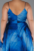 Saks Mavi Bacak Dekolteli Uzun Desenli Büyük Beden Abiye ABU5267