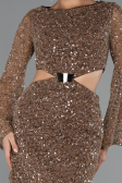 Kahve Uzun Kol Cut Out Pullu Mini Gece Elbisesi ABK2438