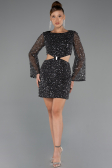 Siyah Uzun Kol Cut Out Pullu Mini Gece Elbisesi ABK2438