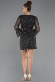 Siyah Uzun Kol Cut Out Pullu Mini Gece Elbisesi ABK2438