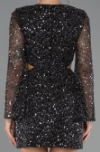 Siyah Uzun Kol Cut Out Pullu Mini Gece Elbisesi ABK2438