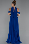 Saks Mavi Kayık Yaka Saten Peplum Kesim Uzun Şifon Abiye ABU5327
