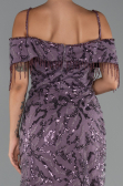 Lavanta Omuz Dekolteli Uzun Boncuklu Büyük Beden Abiye ABU5326