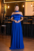 Saks Mavi Kayık Yaka Saten Peplum Kesim Uzun Şifon Abiye ABU5327