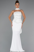 Ekru Pullu Straplez Peplum Kesim Uzun Balık Abiye Elbise ABU5320