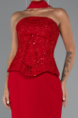 Kırmızı Pullu Straplez Peplum Kesim Uzun Abiye Elbise ABU5320