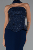 Lacivert Pullu Straplez Peplum Kesim Uzun Abiye Elbise ABU5320