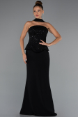 Siyah Pullu Straplez Peplum Kesim Uzun Abiye Elbise ABU5320