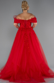 Kırmızı Kayık Yaka İşlemeli Uzun Büyük Beden Nişanlık ABU4722
