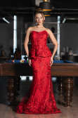 Kırmızı Straplez 3D Çiçek İşlemeli Peplum Uzun Abiye ABU5249