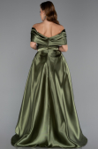 Haki Saten Kayık Yaka Uzun Boncuklu Abiye Elbise ABU5400