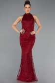 Bordo Halter Yaka Boncuklu Uzun Balık Abiye ABU4791