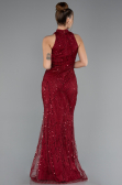 Bordo Halter Yaka Boncuklu Uzun Balık Abiye ABU4791