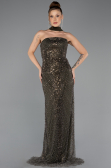 Koyu Haki Straplez Şallı Uzun Boncuklu Abiye Elbise ABU5438