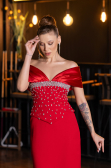 Kırmızı Saten Kayık Yaka Taşlı Peplum Kesim Uzun Abiye ABU5440