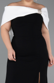 Siyah-Ekru Kayık Yaka Yırtmaçlı Uzun Büyük Beden Abiye ABU3945