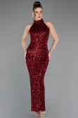 Bordo Halter Yaka Midi Pul Payet Abiye Elbise ABK2474