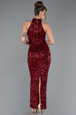 Bordo Halter Yaka Midi Pul Payet Abiye Elbise ABK2474