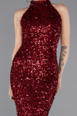 Bordo Halter Yaka Midi Pul Payet Abiye Elbise ABK2474
