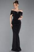 Siyah Saten Kayık Yaka Uzun Balık Abiye Elbise ABK2501