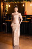 Gold Straplez Boncuklu Uzun Balık Abiye Elbise ABU5556