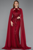 Bordo Halter Yaka Şallı Uzun Boncuklu Abiye Elbise ABU5595