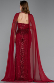 Bordo Halter Yaka Şallı Uzun Boncuklu Abiye Elbise ABU5595