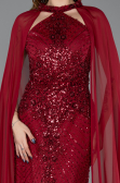 Bordo Halter Yaka Şallı Uzun Boncuklu Abiye Elbise ABU5595