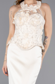 Gold Halter Yaka Taşlı Peplum Kesim Uzun Saten Abiye ABU5601