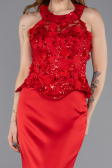 Kırmızı Halter Yaka Taşlı Peplum Kesim Uzun Saten Abiye ABU5601