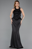Siyah Halter Yaka Taşlı Peplum Kesim Uzun Saten Abiye ABU5601