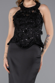 Siyah Halter Yaka Taşlı Peplum Kesim Uzun Saten Abiye ABU5601