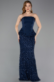 Lacivert Straplez Peplum Detay Uzun Pullu Dantel Balık Abiye ABU5612