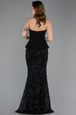 Siyah Straplez Peplum Detay Uzun Pullu Dantel Balık Abiye ABU5612