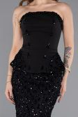 Siyah Straplez Peplum Detay Uzun Pullu Dantel Balık Abiye ABU5612