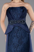 Lacivert Straplez Peplum Kuyruklu Uzun Dantel Abiye ABU5615