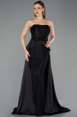 Siyah Straplez Peplum Kesim Kuyruklu Uzun Dantel Abiye ABU5615