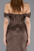 Açık Kahve Kayık Yaka Peplum Kesim Uzun Dantel Abiye Elbise ABU5609