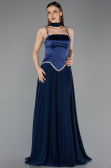 Lacivert Taşlı Askılı Saten Peplum Uzun Şifon Abiye ABU5619
