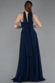 Lacivert Taşlı Askılı Saten Peplum Uzun Şifon Abiye ABU5619