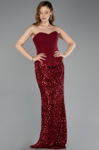 Bordo Straplez Üstü Portatif Peplum Uzun Pullu Abiye ABU5640