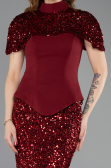 Bordo Straplez Üstü Portatif Peplum Uzun Pullu Abiye ABU5640