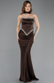 Kahve Taşlı Straplez Peplum Kesim Uzun Saten Balık Abiye ABU5644