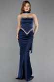 Lacivert Taşlı Straplez Peplum Kesim Uzun Saten Balık Abiye ABU5644
